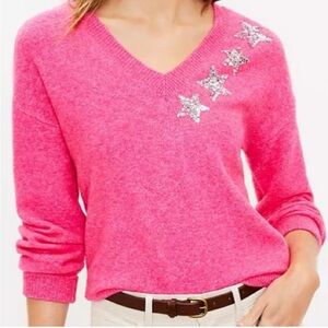 Loft Pink Shimmer Star V-Neck Sweater
